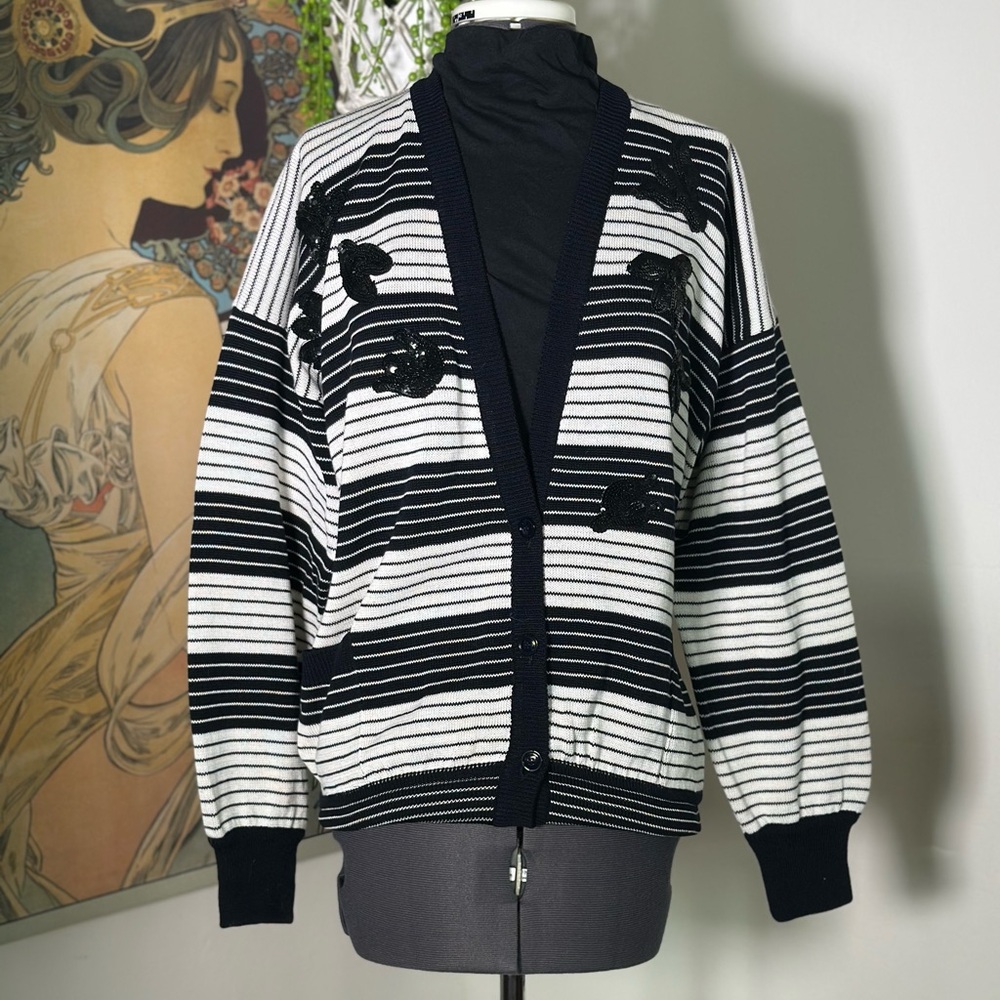 Vintage Escada Margaretha Ley Cardigan 38 US 8 Black Off White Striped Sequin